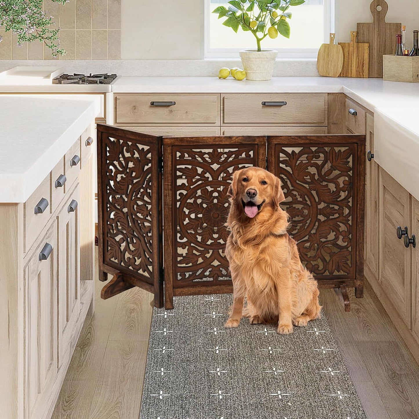 Freestanding Pet Gate for Dogs, Foldable Wooden Dog Gate for House, Indoor Dog Gate for Stair, Doorway, House Design Gates for Dogs Indoor, 72 Inch Wide, (18" x4 Panels 72 inch), Burnt Finish