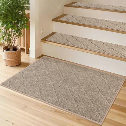 COSY HOMEER Edging Stair Treads Non-Slip Carpet Mat 28inX9in Indoor Stair Runners for Wooden Steps, Edging Stair Rugs for Kids and Dogs, 100% Polyester TPE Backing (7pc, Beige)