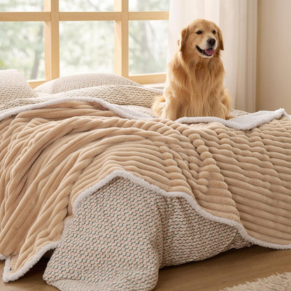 Bedsure ComfyFleece™ Waterproof Dog Blankets for Large Dogs - Soft Pet Cat Blanket Corduroy Fleece for Couch Bed Protector Washable, Cozy Calming Reversible Furniture Protection,50"x60", Cream