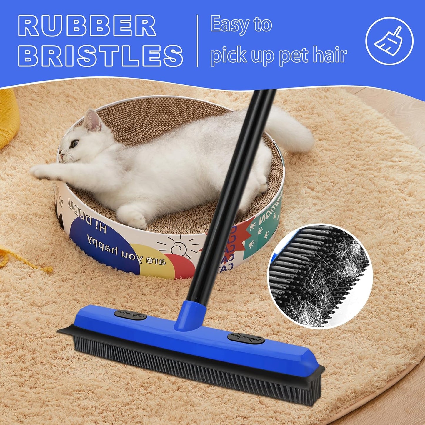 Rubber Broom Carpet Brush with Squeegee, Pet Hair Remover with 52.8 inches Long Handle, Detailing Lint Fur Removal Tool, Silicone Rug Rake for Cleaning Hardwood Floor, Tile, Window (Blue)