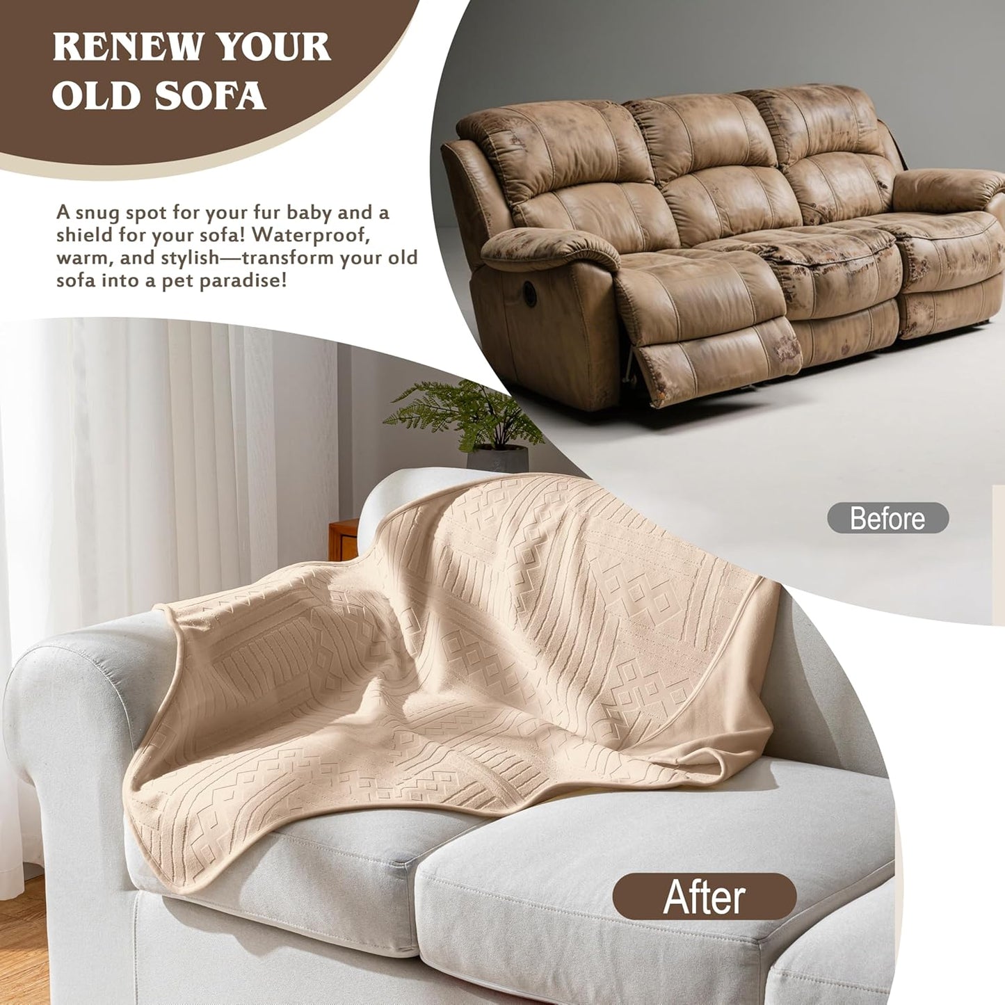 Waterproof Couch Cover, Reversible, Pet-Friendly, Washable and Anti-Slip Couch Covers for Sofa Protection with 3 Cushions, Sofa Slipcovers for Dogs and Cats (71×118in/Brown)