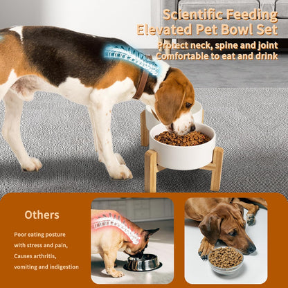 Elevated Ceramic Dog Bowl Set - Raised Dog Bowls with Non-Slip Bamboo Stand - Dog Food and Water Bowl Set - Double Dog Feeding Bowls - Suitable for Small and Medium Dogs - 28.74 OZ - 3.6 CUPS - 850 ML