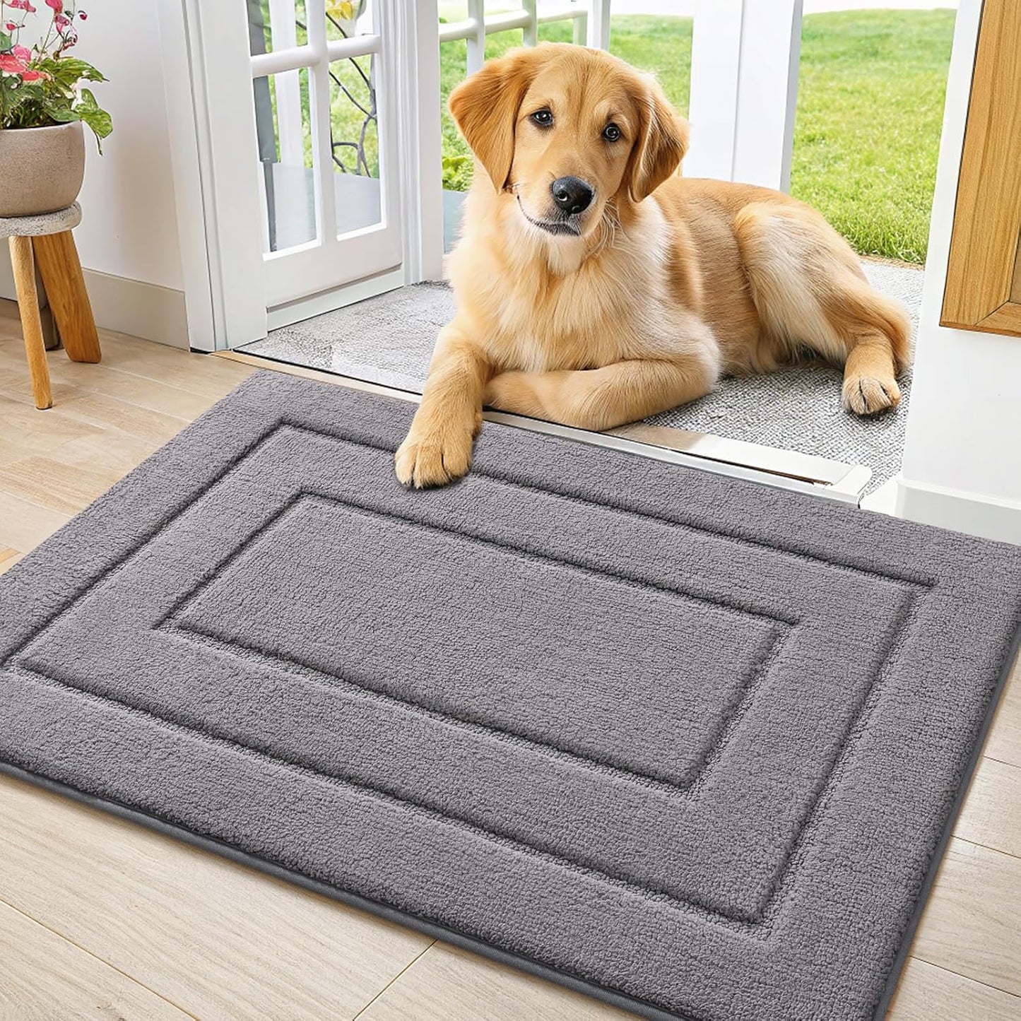 Smiry Dog Door Mat for Muddy Paws, Absorbs Moisture and Dirt, Low-Profile Entryway Mat with Non-Slip Backing, Entry Indoor Outdoor Doormat for Inside Floor (30x20 Inches, Grey, Striped)