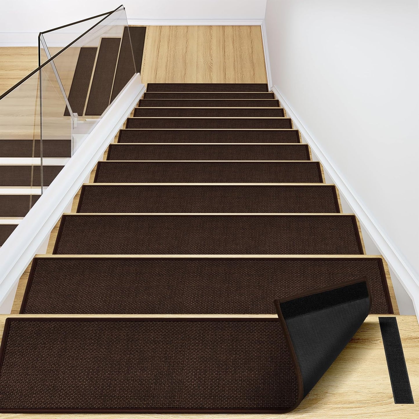 Peel and Stick Adhesive Stair Treads for Wooden Steps Indoor Set of 15 Pack, Rubber Backed Non Slip Jute Stair Rug Step Pads for Pet Dog, Elders and Kids, Beige