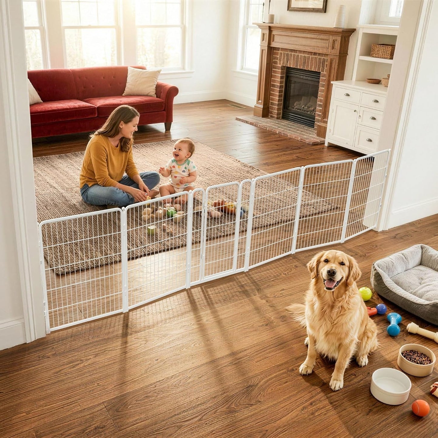 FXW Dog Gate Extra Wide Designed for Indoor Use, Adjustable Width Up to 183-inch Wide (24" H 8 Wire Panels for Puppies and Small Dogs), Black