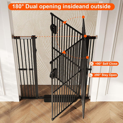 Jekriuet 57" Extra Tall Pet Gate, Auto Close Dog Door Pressure Mounted No Drilling for Doorways, Hallways, Stairs, Expandable 27.5"-38.5" Wide, Narrow 1.18" Spacing for Small Dogs & Puppies, Black