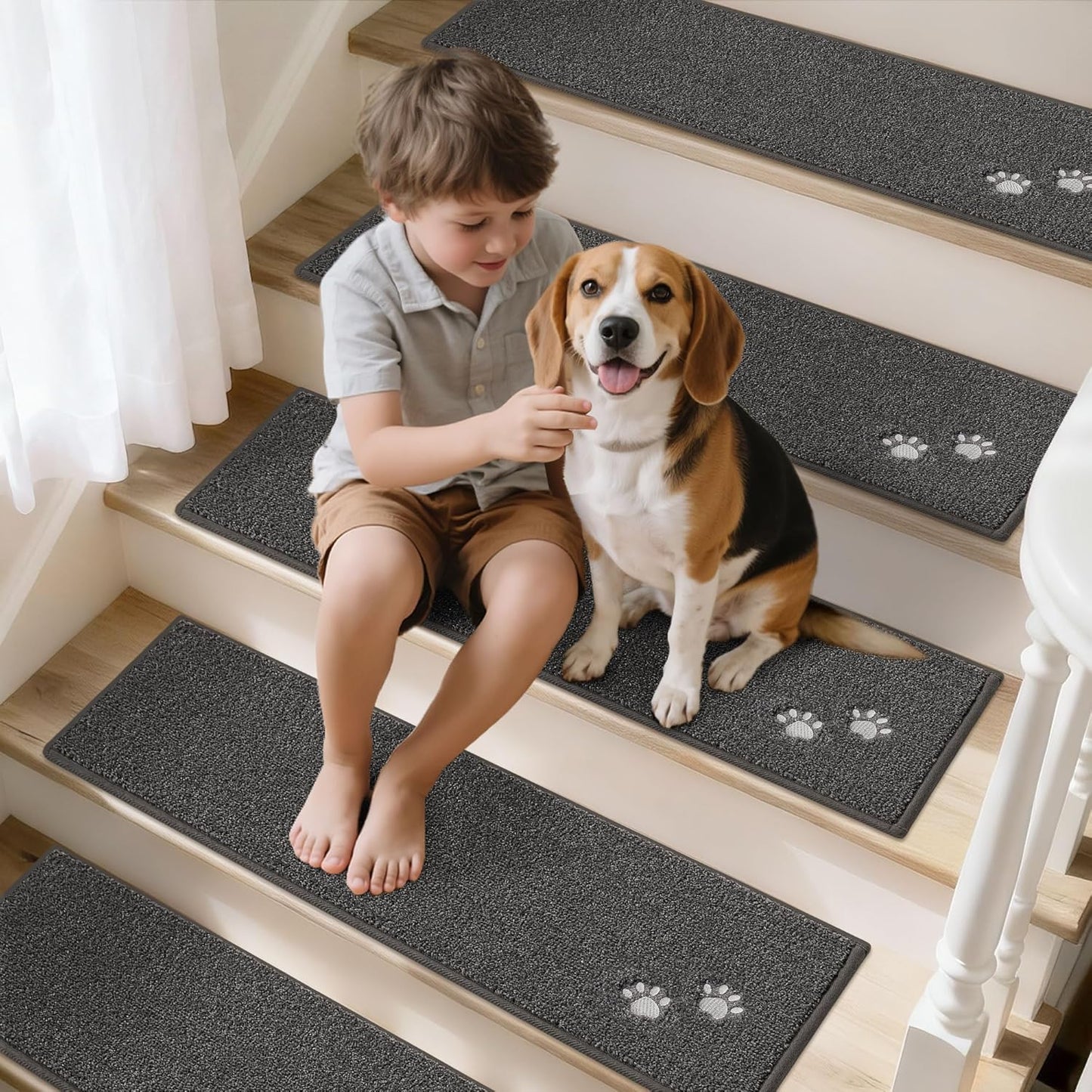BEQHAUSE Stair Treads for Wooden Steps 28inX9in, Non Slip Carpet Stair Treads Indoor Stair Runners Machine Washable, Soft Stair Rugs Mat Surface Polyester TPE Backing, 4pcs, Charcoal