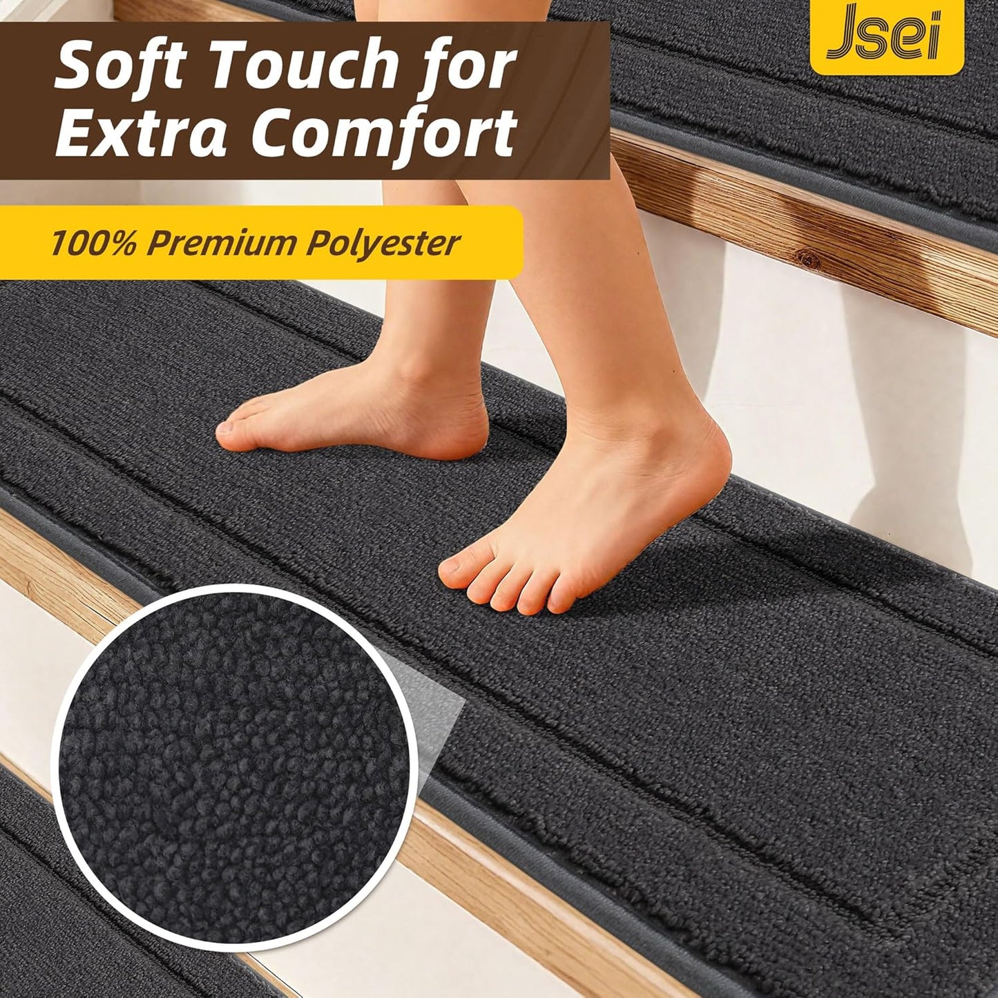 Non-Slip Stair Treads for Wooden Steps Indoor, 15 Pack 8" X 30" Edging Stair Rugs with TPE Backing, Carpet Stair Treads for Kids Elders & Pets, 100% Polyester Soft Stair Runners, Brown