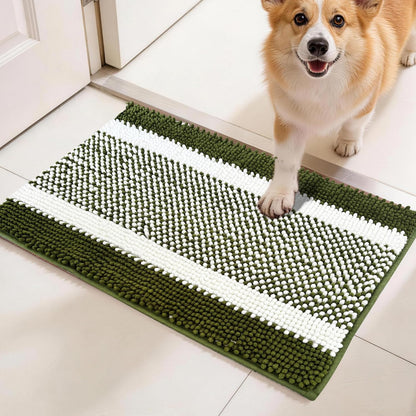 pobopobo Dog Door Mat for Muddy Paws - Absorbent & Washable Chenille Rug, Non-Slip Dirt Trapper for Indoor Outdoor Entryway, Quick Dry Pet Mat for Muddy Dogs (Striped Gray-Blue&White, 24" x 16")