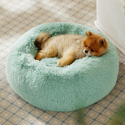 Bedsure Calming Dog Bed Medium Size Dog - Donut Washable Medium Pet Bed, 30 inches Anti-Slip Round Fluffy Plush Faux Fur Cat Bed, Fits up to 45 lbs Pets, Camel