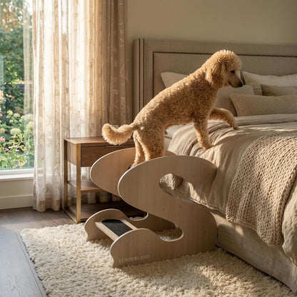 Wooden Dog Stairs Steps for Bed,3Steps,Small or Senior Dogs for Pet LUNDERLAND Design,16¾"Wx23¼Dx19⅜H RedWalnutWood GrainPattern