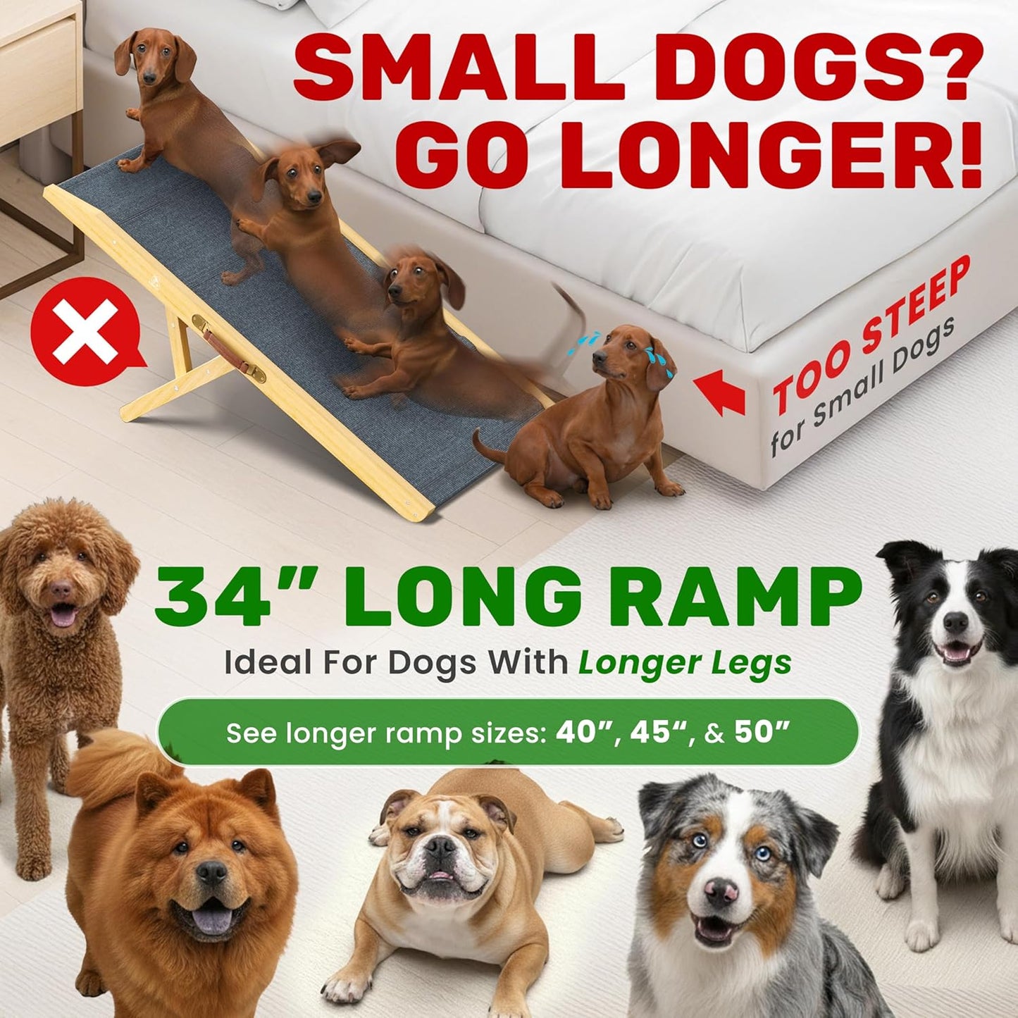 Adjustable Dog Ramp - 50" L x 18.5" W Ramp for Large Dogs to Get on Bed with 6 Incline Levels & Non-Slip Traction Carpet - Also Ideal for Medium & Large Breeds (Natural)