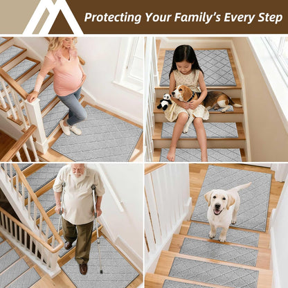 COSY HOMEER Edging Stair Treads Non-Slip Carpet Mat 28inX9in Indoor Stair Runners for Wooden Steps, Edging Stair Rugs for Kids and Dogs, 100% Polyester TPE Backing (7pc, Beige)
