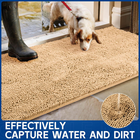 Chenille Absorbent Front Door Mat 48" x 36", Dog Door Mat for Muddy Paws, Trap Dirt Doormat, Mud Mat for Dogs, Washable Non Slip Outdoor Indoor Doormats for Entryway, Grey