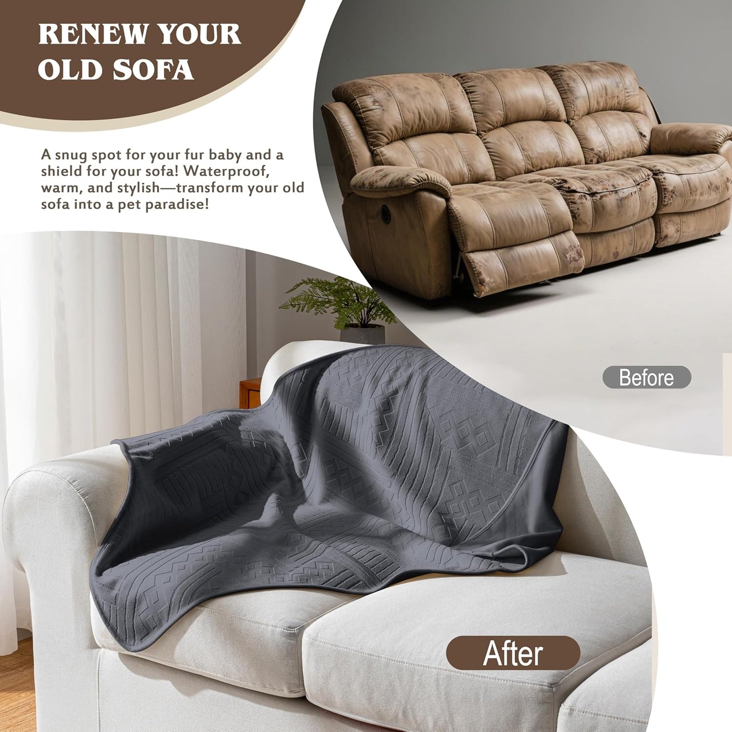 Waterproof Couch Cover, Reversible, Pet-Friendly, Washable and Anti-Slip Couch Covers for Sofa Protection with 3 Cushions, Sofa Slipcovers for Dogs and Cats (71×118in/Brown)