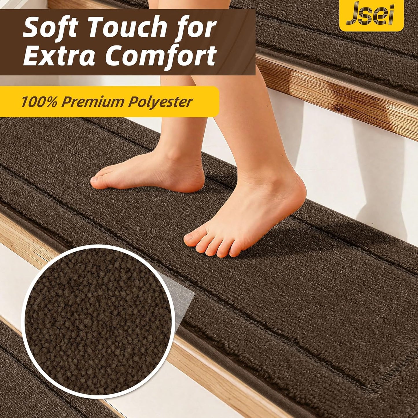 Non-Slip Stair Treads for Wooden Steps Indoor, 15 Pack 8" X 30" Edging Stair Rugs with TPE Backing, Carpet Stair Treads for Kids Elders & Pets, 100% Polyester Soft Stair Runners, Brown