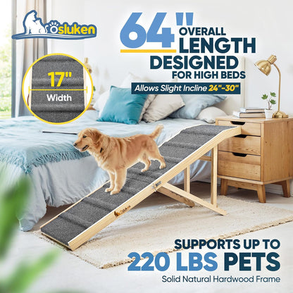 𝟐𝟎𝟐𝟔 𝐔𝐩𝐠𝐫𝐚𝐝𝐞𝐝 Dog Ramp for Bed, 64" Long Foldable Pet Ramp for Small Large Dogs, Dog Ramps for High Beds Car, High Traction with Platform 6 Adjustable Heights 24" to 30" Up to 220LBS Black