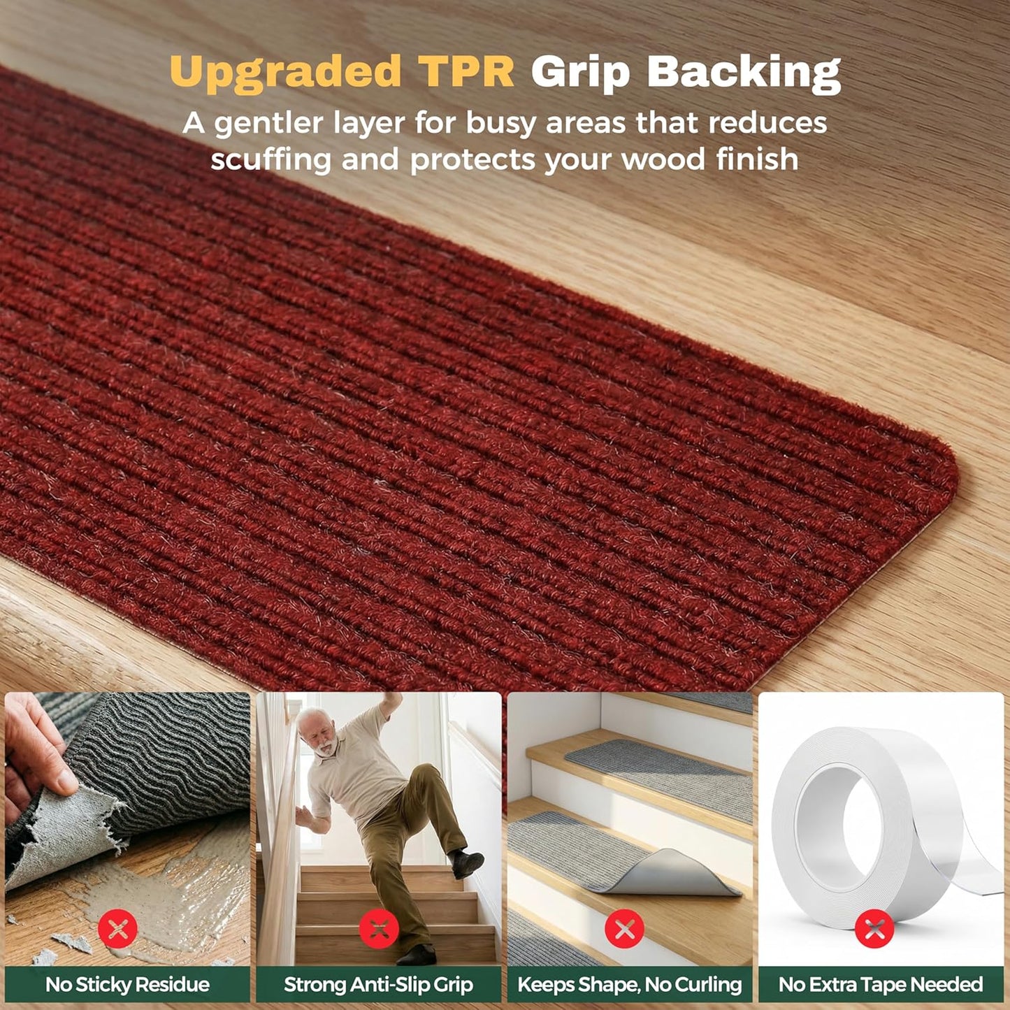 MBIGM 8" X 30" (15 in Pack) Nonslip Carpet Stair Treads Non-Skid Safety Rug Slip Resistant Indoor Runner for Kids Elders & Pets with Reusable Adhesive - Brown - Non Slip Stair Treads Indoor