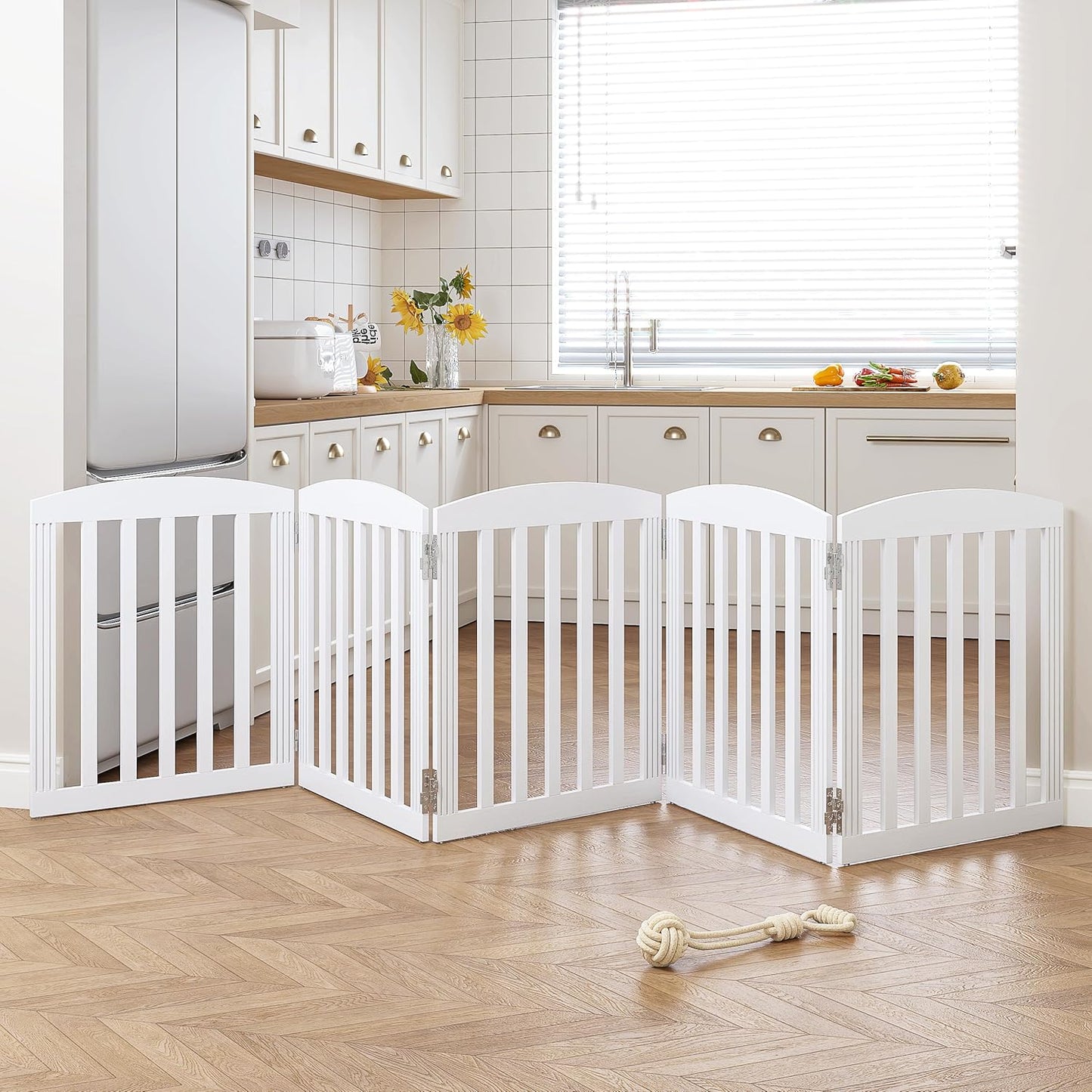 SPIRICH 96" Extra Wide 28" Tall Wooden Freestanding Foldable Dog Gate, Pet Gate Indoor, 4 Panels, White