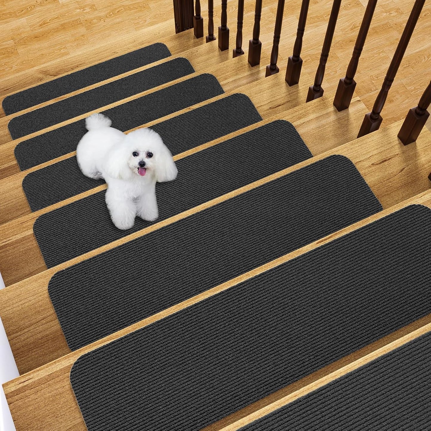 Fixmend Stair Treads Non Slip for Wooden Steps, 8" X 30" (15-Pack) Stair Runner Carpet Treads Indoor with Reusable Adhesive, Stairslide Carpets Rugs Safety Mats for Elders, Kids & Dogs, Dark Grey Leaf
