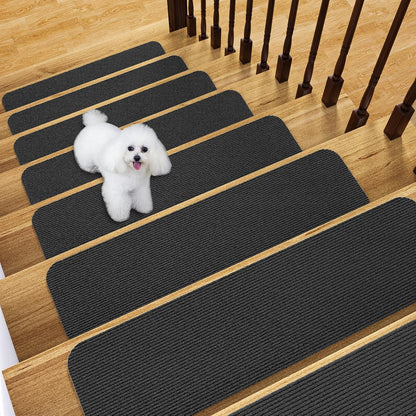 Fixmend Stair Treads Non Slip for Wooden Steps, 8" X 30" (15-Pack) Stair Runner Carpet Treads Indoor with Reusable Adhesive, Stairslide Carpets Rugs Safety Mats for Elders, Kids & Dogs, Dark Grey Leaf