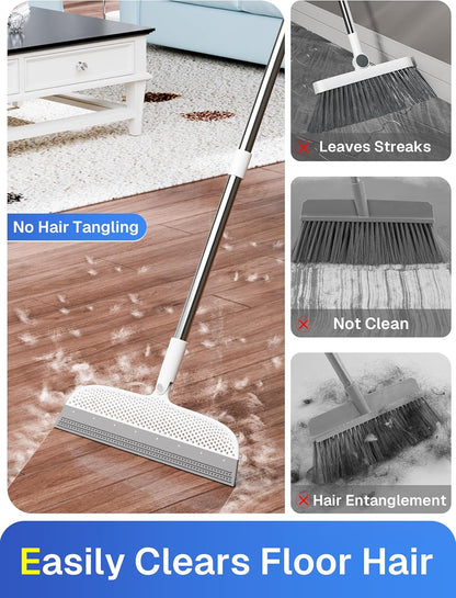 Silicone Floor Squeegee, 180° Rotating Air Broom, Squeegee for Floor with a Long Handle, Magic Broom for Water and Pet Hair Removal on Bathroom Floors, Tile, Deck and Glass, Indoor Cleaning Tool