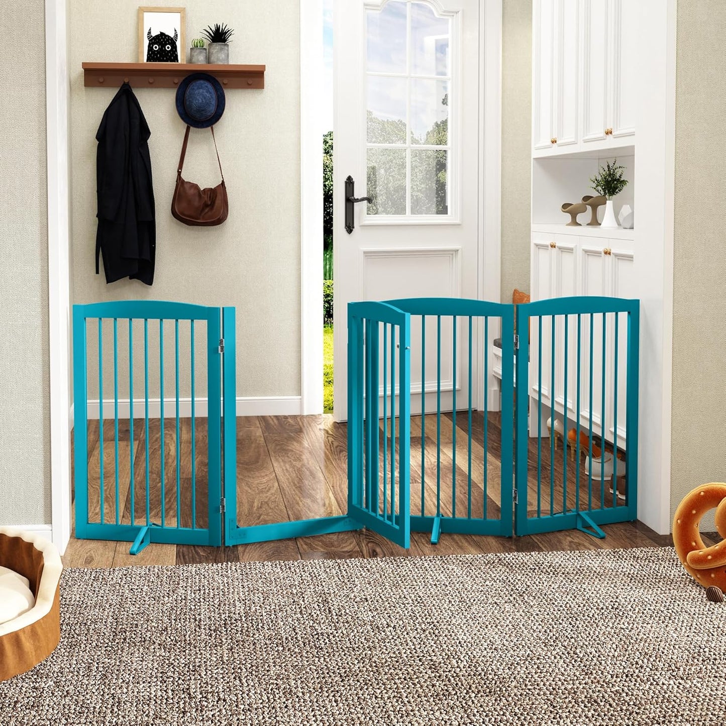 PUPETPO Freestanding Dog Gate with Door, Pet Gate for Stairs, 80 inch Wide Pet Barrier Indoor, Dog Fences Indoor, Support Feet Included, 4 Panels, 24" Tall, Dark Brown