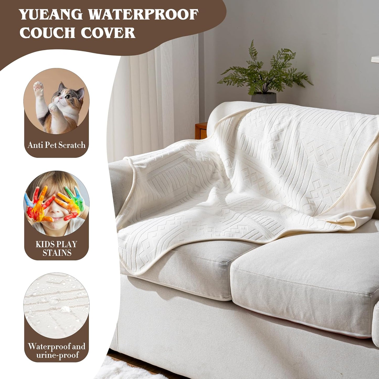 Waterproof Couch Cover, Reversible, Pet-Friendly, Washable and Anti-Slip Couch Covers for Sofa Protection with 3 Cushions, Sofa Slipcovers for Dogs and Cats (71×118in/Brown)
