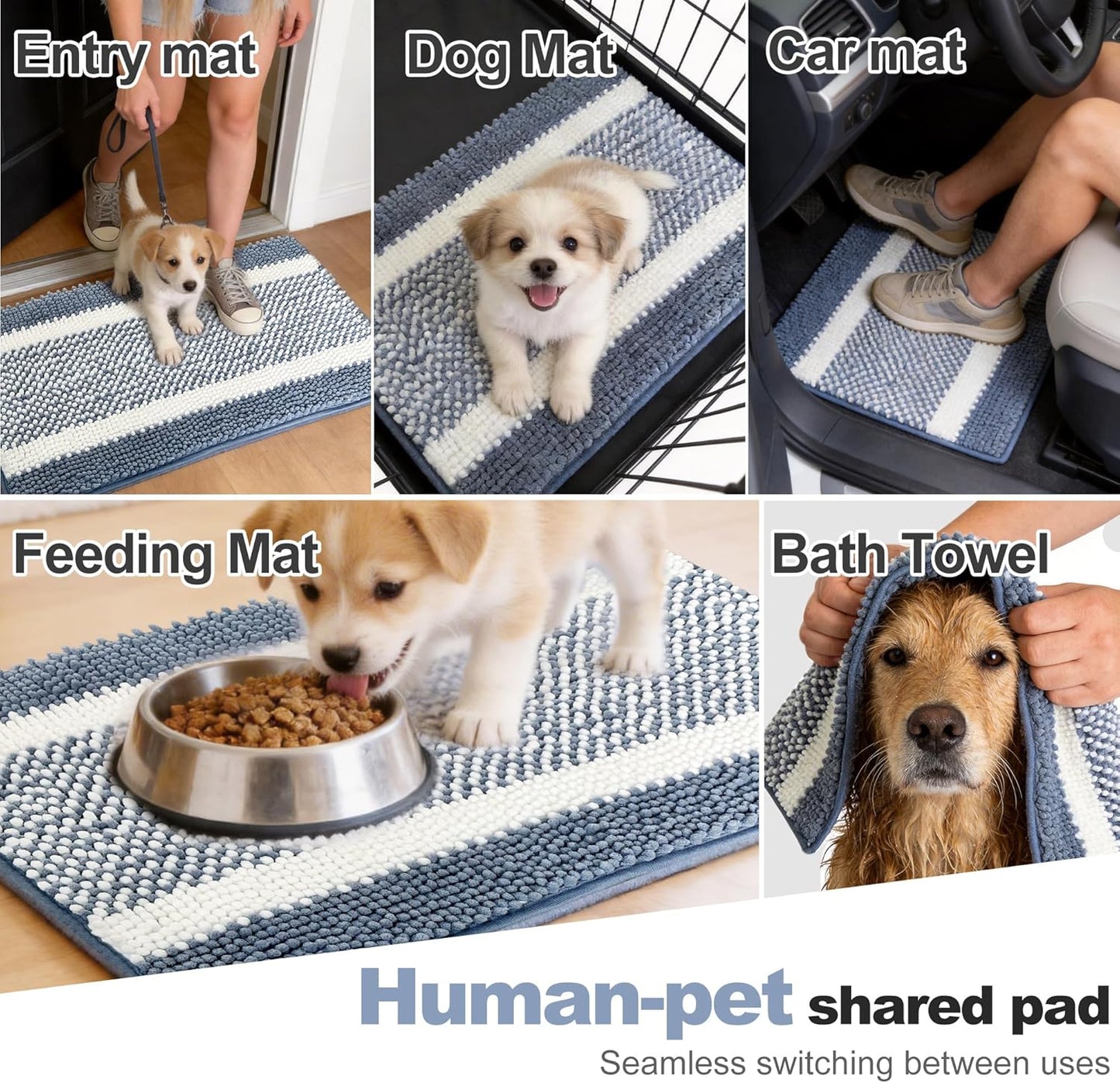 pobopobo Dog Door Mat for Muddy Paws - Absorbent & Washable Chenille Rug, Non-Slip Dirt Trapper for Indoor Outdoor Entryway, Quick Dry Pet Mat for Muddy Dogs (Striped Gray-Blue&White, 24" x 16")