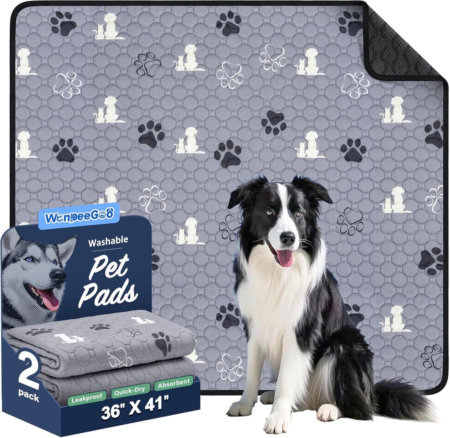 WanpeeGoo Washable Pee Pads for Dogs, 4 Pack Absorbent Reusable Training Dog Pads Pet Puppy Pads, Non-Slip Potty Pads for Whelping, Playpen, Crate, Bed, Grey 18"x24"