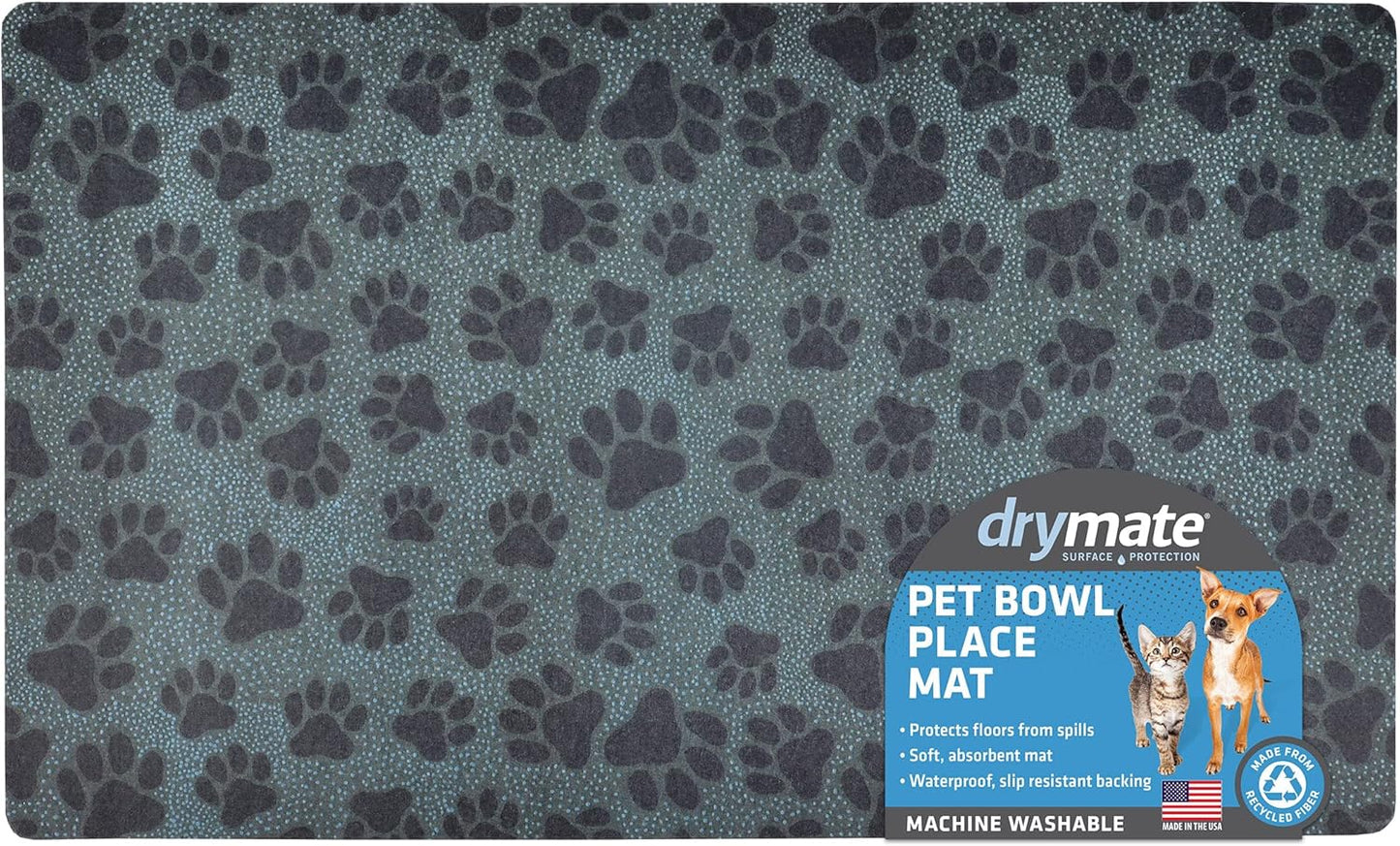 Drymate Pet Bowl Placemat, Dog & Cat Food Feeding Mat - Absorbent Fabric, Waterproof Backing, Slip-Resistant - Machine Washable/Durable (USA Made) (12” x 20”) (Indigo)