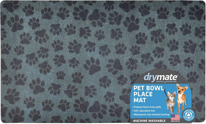 Drymate Pet Bowl Placemat, Dog & Cat Food Feeding Mat - Absorbent Fabric, Waterproof Backing, Slip-Resistant - Machine Washable/Durable (USA Made) (12” x 20”) (Indigo)