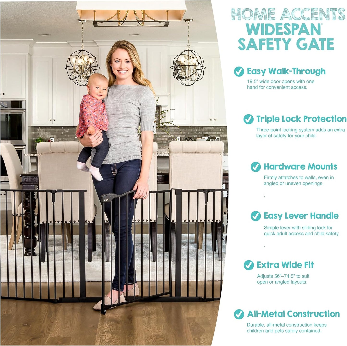 Regalo Safety 28"-76” Super Wide Configurable Baby Gate for Doorways & Open Spaces, 3-Panel Wall Mounted Safety Gate with Door for Babies, Toddlers & Pets, Includes Wall Mount Hardware