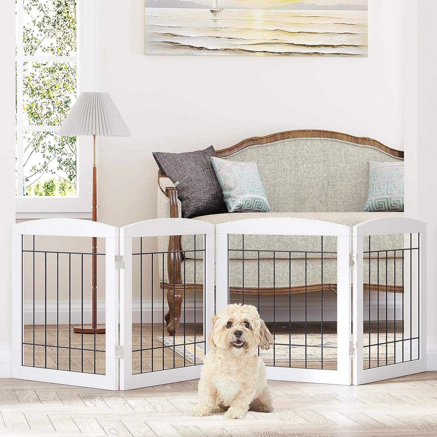 PAWLAND Free Standing Dog Gates for The House Stairs Doorways Indoor Foldable Wooden Small White Puppy Pet Gate Step Over Fence 60" W 24" H 3 Panels