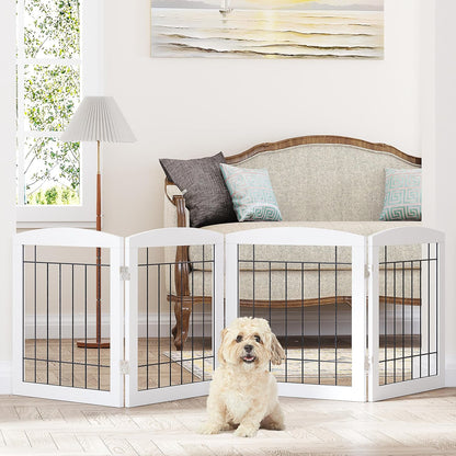 PAWLAND Free Standing Dog Gates for The House Stairs Doorways Indoor Foldable Wooden Small White Puppy Pet Gate Step Over Fence 60" W 24" H 3 Panels