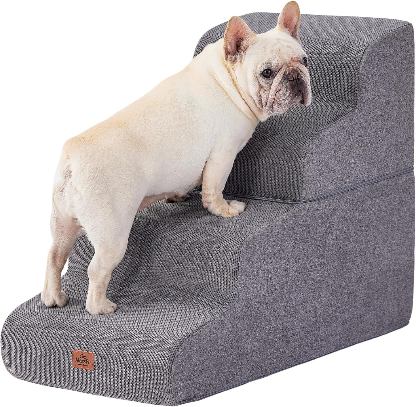 Gray Curved Dog Stairs Ramp for High Beds 28.7" H, 5-Step Dog Steps for Small Dogs and Cats, Pet Stairs for High Bed Climbing, Non-Slip Balanced Pet Step