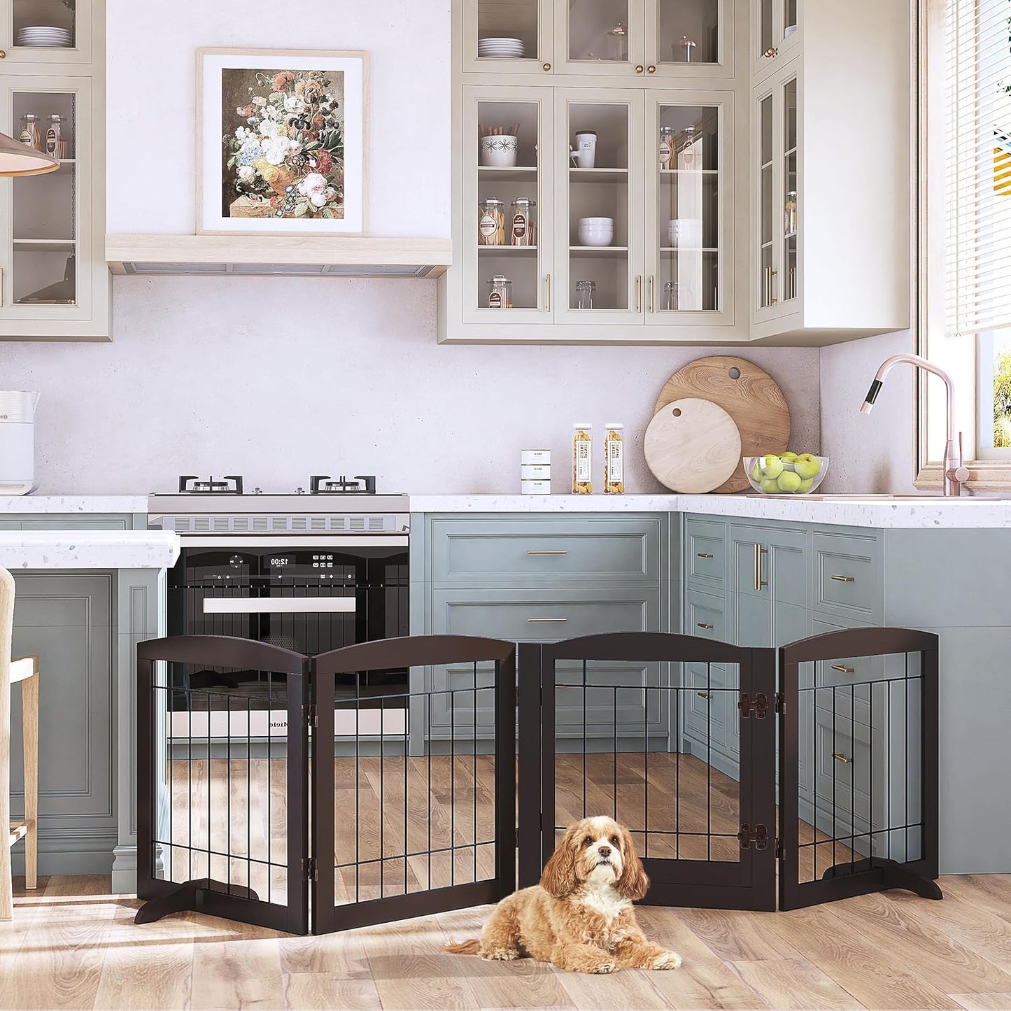 PAWLAND Free Standing Dog Gates for The House Stairs Doorways Indoor Foldable Wooden Small White Puppy Pet Gate Step Over Fence 60" W 24" H 3 Panels