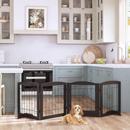 PAWLAND Free Standing Dog Gates for The House Stairs Doorways Indoor Foldable Wooden Small White Puppy Pet Gate Step Over Fence 60" W 24" H 3 Panels