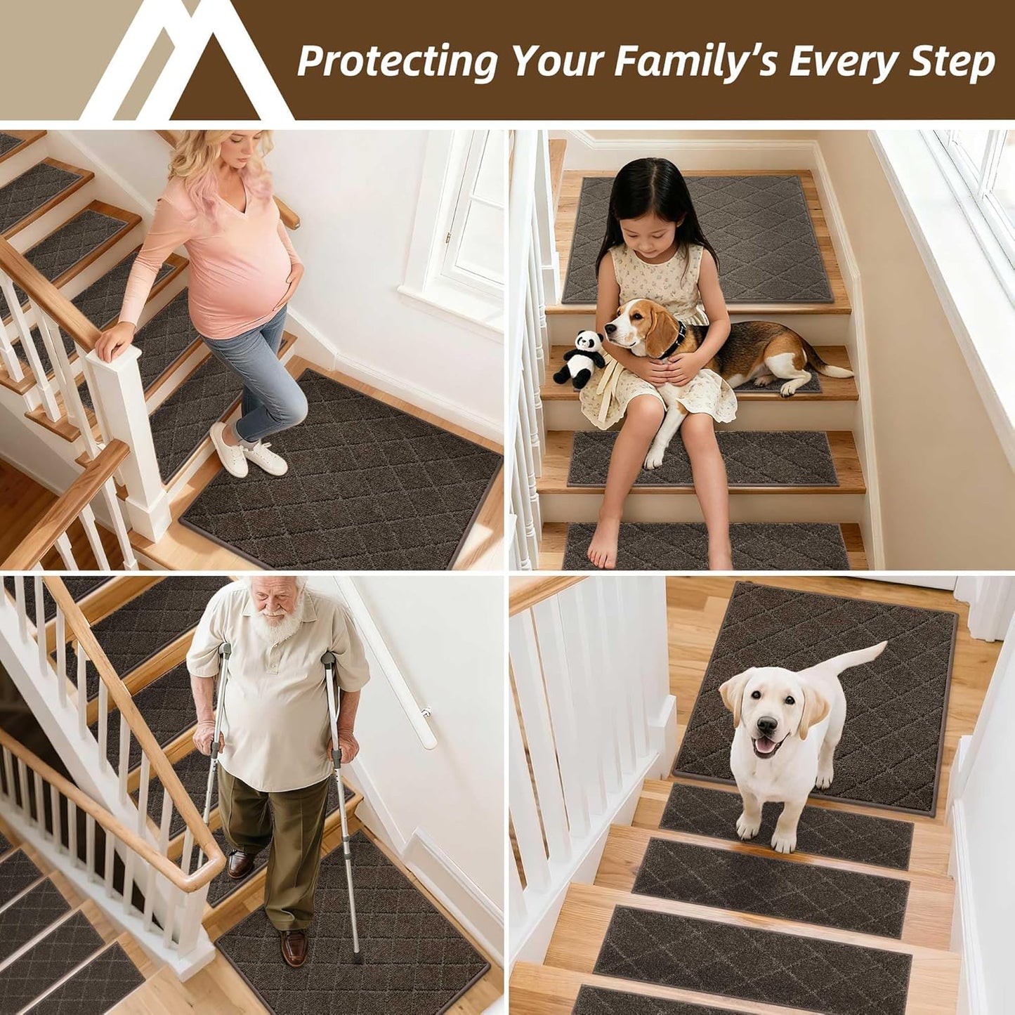 COSY HOMEER Edging Stair Treads Non-Slip Carpet Mat 28inX9in Indoor Stair Runners for Wooden Steps, Edging Stair Rugs for Kids and Dogs, 100% Polyester TPE Backing (7pc, Beige)