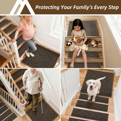 COSY HOMEER Edging Stair Treads Non-Slip Carpet Mat 28inX9in Indoor Stair Runners for Wooden Steps, Edging Stair Rugs for Kids and Dogs, 100% Polyester TPE Backing (7pc, Beige)