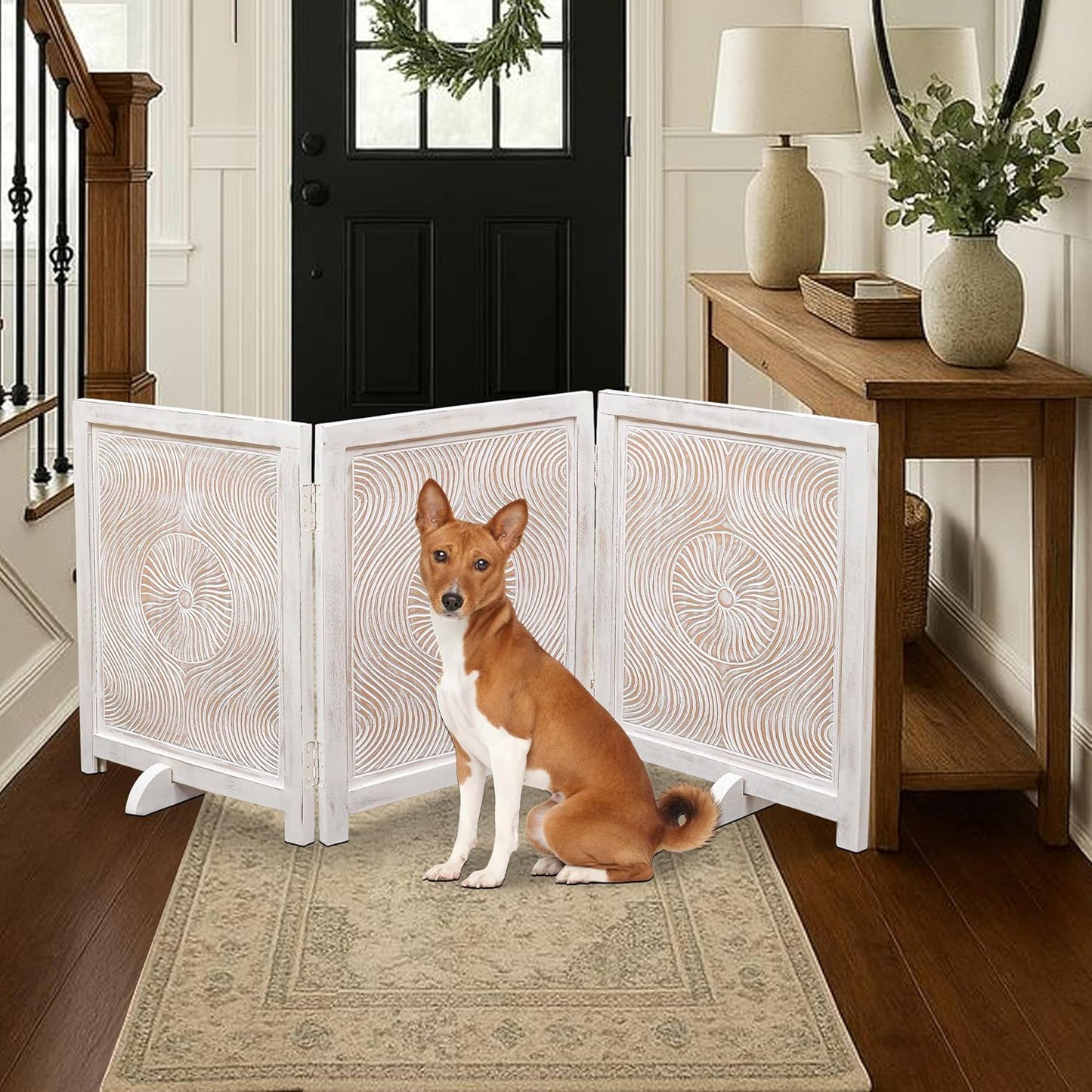 Freestanding Pet Gate for Dogs, Foldable Wooden Dog Gate for House, Indoor Dog Gate for Stair, Doorway, House Design Gates for Dogs Indoor, 72 Inch Wide, (18" x4 Panels 72 inch), Burnt Finish