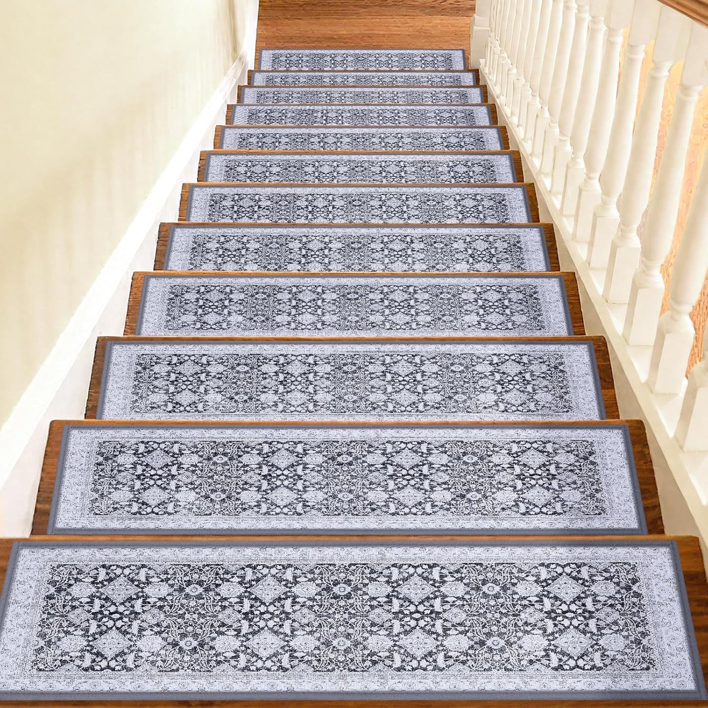 Non Slip Stair Treads for Wooden Steps Indoor, Dark Grey, 15pcs, 30"X8", Soft Carpet Mat, Machine Washable Boho Carpet Treads with Reusable Adhesive Backing, Safety Stair Tread for Dogs, Kids, Elders