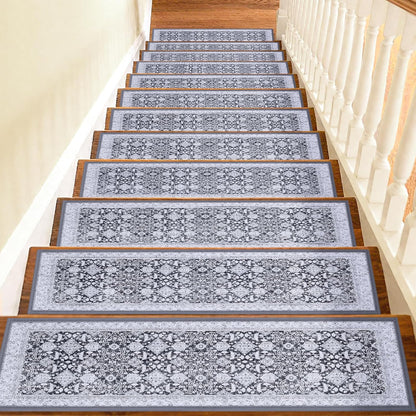 Non Slip Stair Treads for Wooden Steps Indoor, Dark Grey, 15pcs, 30"X8", Soft Carpet Mat, Machine Washable Boho Carpet Treads with Reusable Adhesive Backing, Safety Stair Tread for Dogs, Kids, Elders