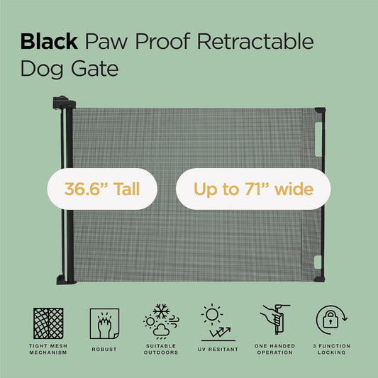 Hakuna Pets Indoor/Outdoor Paw Proof Retractable Dog Gate, 36.6" Tall Extends to 71" Wide, Black