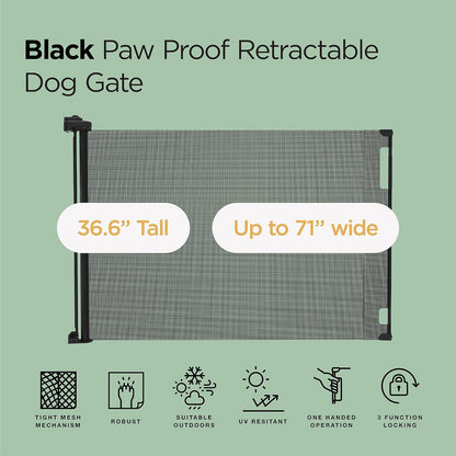 Hakuna Pets Indoor/Outdoor Paw Proof Retractable Dog Gate, 36.6" Tall Extends to 71" Wide, Black