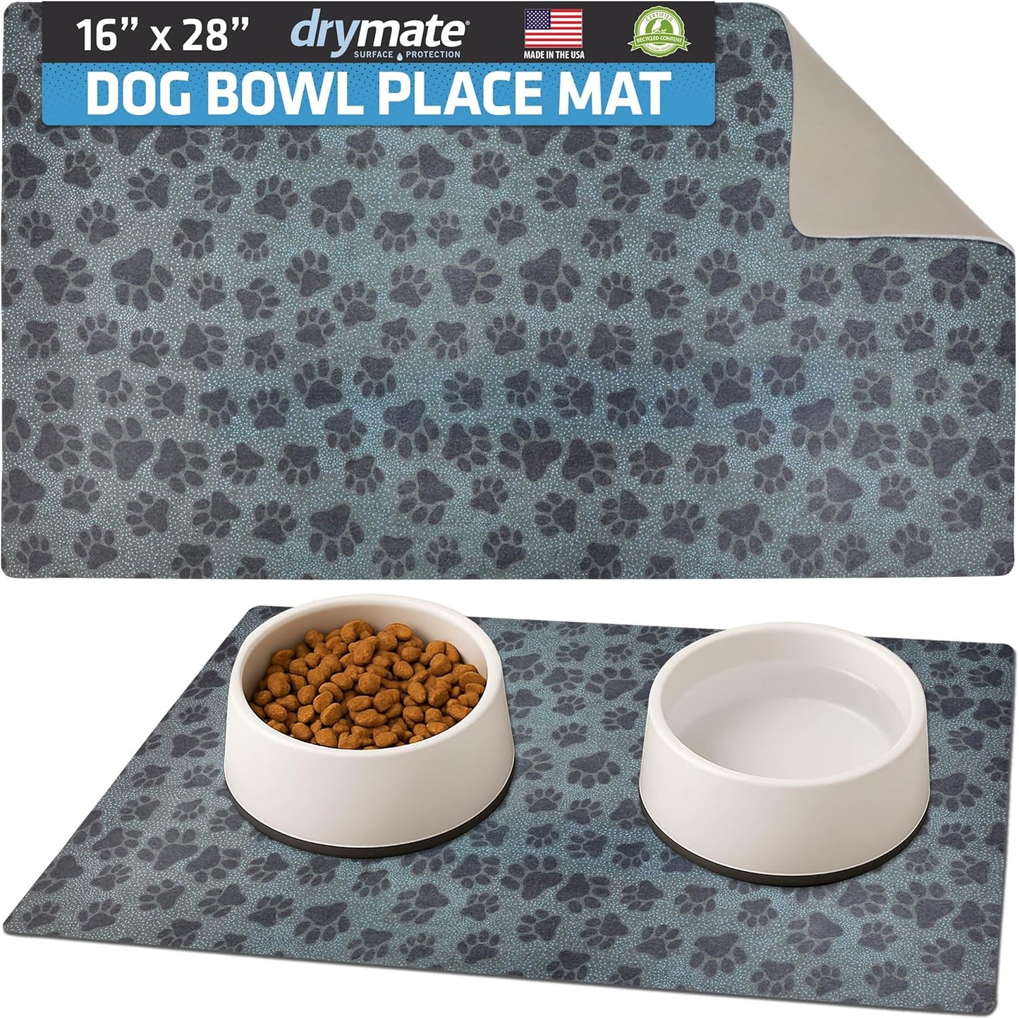 Drymate Pet Bowl Placemat, Dog & Cat Food Feeding Mat - Absorbent Fabric, Waterproof Backing, Slip-Resistant - Machine Washable/Durable (USA Made) (12” x 20”) (Indigo)