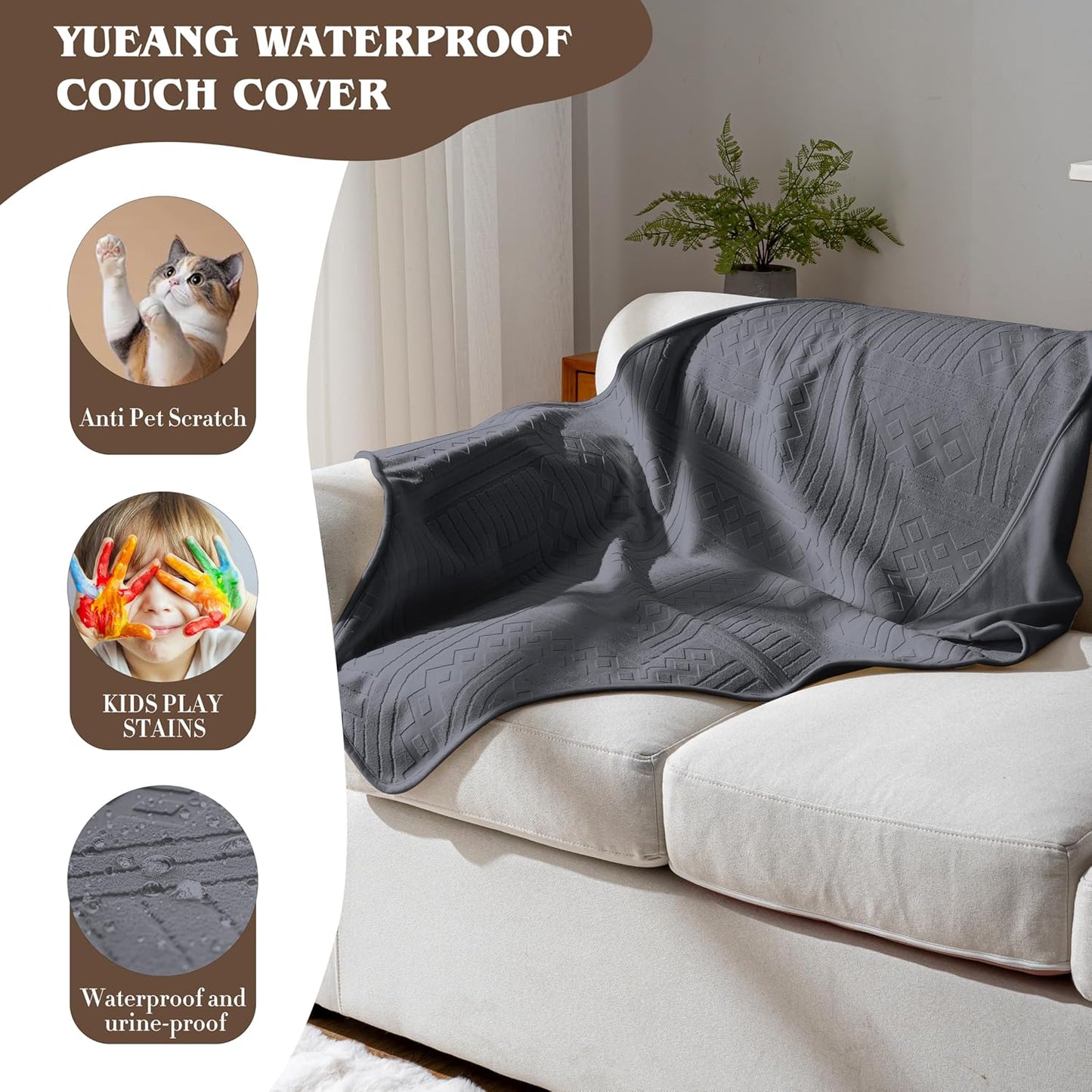Waterproof Couch Cover, Reversible, Pet-Friendly, Washable and Anti-Slip Couch Covers for Sofa Protection with 3 Cushions, Sofa Slipcovers for Dogs and Cats (71×118in/Brown)