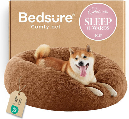 Bedsure Calming Dog Bed Medium Size Dog - Donut Washable Medium Pet Bed, 30 inches Anti-Slip Round Fluffy Plush Faux Fur Cat Bed, Fits up to 45 lbs Pets, Camel
