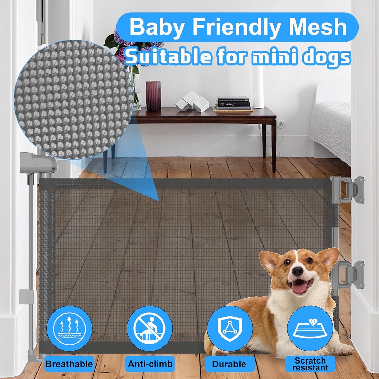 2 Pack Short Dog Gate Pet Gates Puppy Gate 14" H 59" Wide Step Over Pet Fence, Mesh Retractable Indoor Outdoor Expands Up to 59 Inches Small Dog Gates for Doorways Stairs