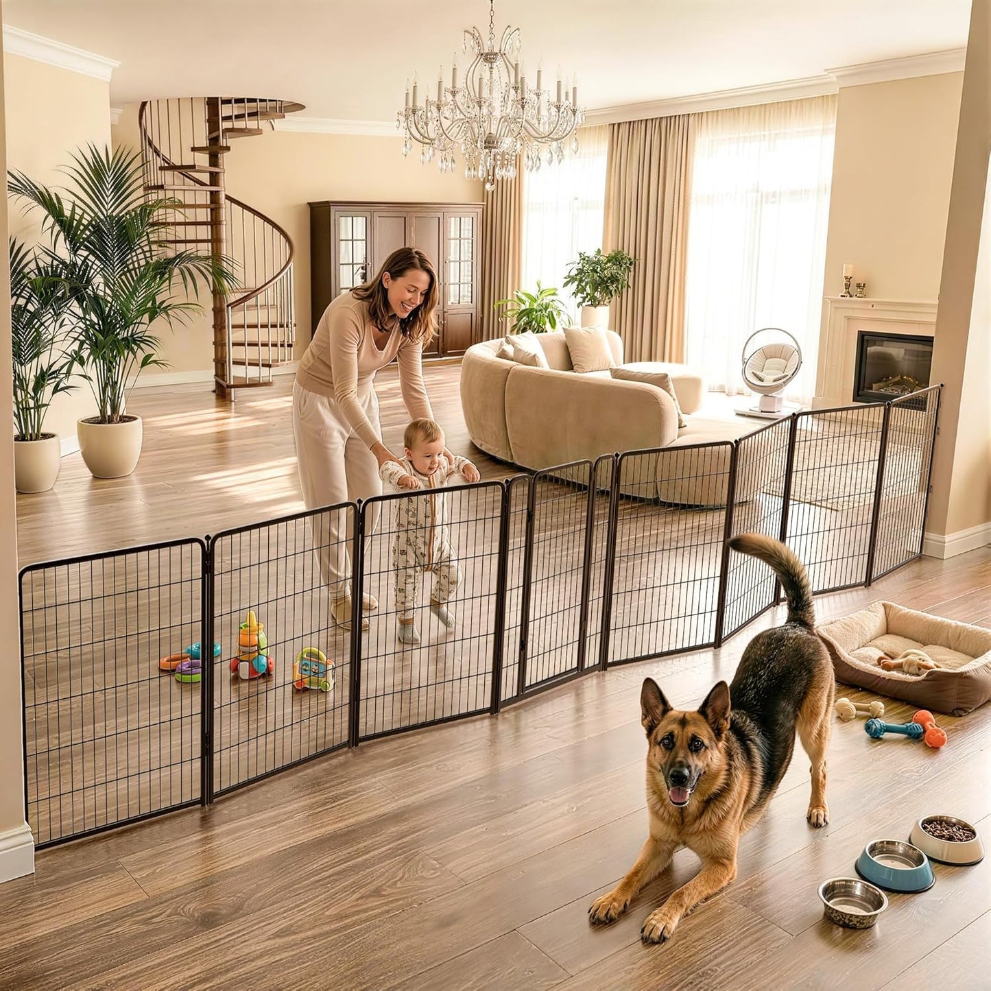 FXW Dog Gate Extra Wide Designed for Indoor Use, Adjustable Width Up to 183-inch Wide (24" H 8 Wire Panels for Puppies and Small Dogs), Black